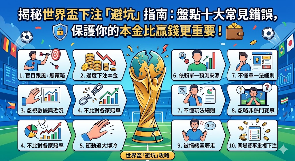 世界盃期間,新手玩家常因盲目追逐強隊、重倉單場或忽視傷病名單而落入陷阱。這份避坑指南深度揭秘了如「過度迷信歷史戰績」與「忽視賠率變動」等十大常見錯誤。記住,足彩博弈的首要準則絕非一夕致富,而是建立嚴格的資金管理體系。唯有避開情緒化下注的雷區,保持理性的冷靜分析,才能在激烈的賽事博弈中守住本金。畢竟在球場瞬息萬變的局勢下,保護好你的本金永遠比追求贏錢更加重要!