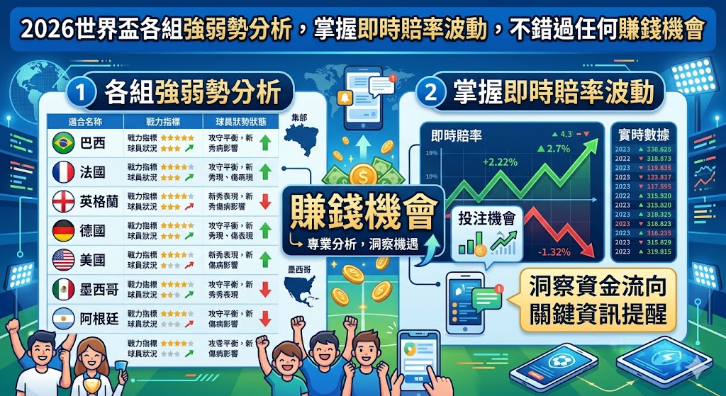 2026世界盃各組強弱勢分析，掌握即時賠率波動，不錯過任何賺錢機會