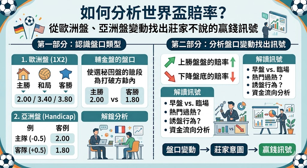 分析世界盃賠率的核心在於解讀莊家如何透過「賠率變動」來平衡風險或誘導投注。首先，**歐洲盤（1X2）反映了莊家對比賽勝、平、負的原始勝率預估，而亞洲盤（讓球）**則透過讓球數將兩隊實力拉平。當歐洲盤的主勝賠率調降，但亞洲盤的讓球水位卻反而升高（甚至降盤）時，這往往是「盤賠不符」的異動訊號，可能暗示莊家正利用高水阻擋資金湧入強隊，或是看好下盤球隊爆冷。此外，觀察「臨場水位的劇烈跳動」也是關鍵，若在開賽前一小時資金大量湧入某一方，而莊家卻反向調整賠率，這通常是為了平衡賠付壓力或隱藏真實意圖的訊號。透過對比不同博彩公司的賠率差異，玩家能精準捕捉到莊家不輕易外流的贏錢模型，進而從中找出最具價值的下注點，避免踏入造熱強隊的陷阱。