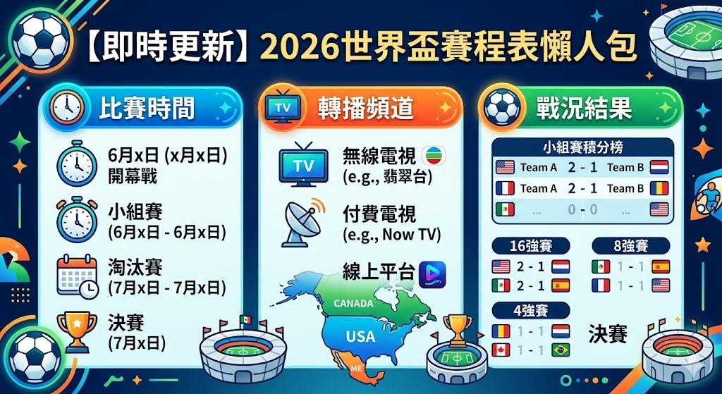 2026年世界盃足球賽將於6月11日至7月19日橫跨美、加、墨三國熱血開踢，本屆賽事首度擴軍至48支隊伍，總計104場精彩對決絕對讓球迷大呼過癮。開幕戰預計於墨西哥城阿茲特克體育場點燃戰火，而冠軍決賽則定於紐約大都會人壽體育場舉行。對於台灣觀眾而言，由於12至15小時的時差，多數比賽將落在台灣時間凌晨至上午，建議鎖定愛爾達體育台、中華電信MOD及Hami Video獲取最完整的4K高畫質直播與即時戰況。本懶人包將持續更新從小組賽到淘汰賽的最新比分與晉級名單，幫助您精準掌握轉播頻道與開賽時間，無論是熱血觀賽還是分析盤口，都能第一時間掌握賽場脈動，不錯過任何梅西或新生代球星的關鍵進球瞬間。